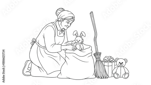 Line art illustration of a kind grandmother putting toys like a stuffed bunny and teddy bear into a large gift sack for a celebration.