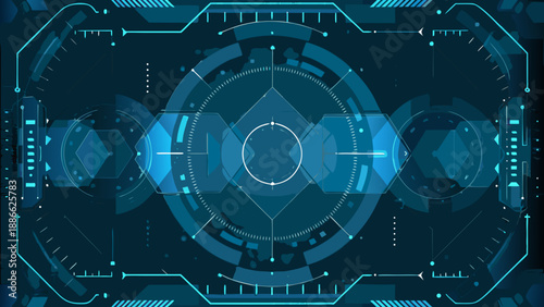 Futuristic interface design with layered geometric shapes and a central targeting reticle