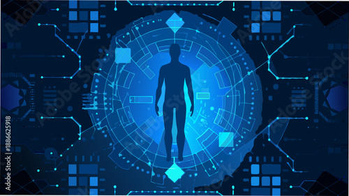 Digital human form within a glowing complex network of technological circuitry