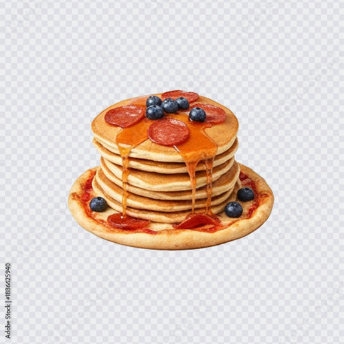 A bizarre stack of American pancakes topped with syrup, pepperoni slices, and blueberries, all served on a mini pizza crust base.