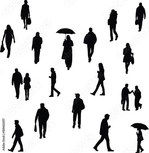 People,walking,silhouettes,city,urban,crowd,commuters,black,figures,man,woman,pedestrians,street,lifestyle,vector,collection,isolated,white,background,design