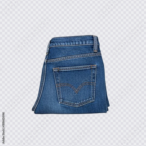 The rear view of a pair of classic blue denim jeans, neatly folded, highlighting the back pockets with their characteristic arcuate stitching design.