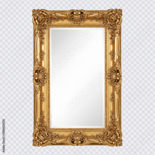 A large, rectangular wall mirror with a highly ornate, antique gold-finish frame featuring elaborate Baroque-style carvings, ideal for vintage or luxury decor.