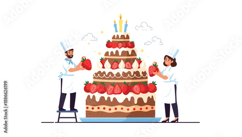 Two professional pastry chefs working together to decorate a massive multi-tiered chocolate strawberry wedding cake.