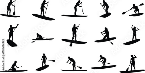 Standup,paddleboarding,silhouettes,action,poses,water,sport,athletes,black,figures,man,woman,summer,training,vector,collection,isolated,white,background,designStandup,paddleboarding