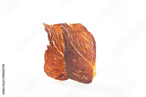 Dried beef crisps, beef crisps on a wooden background