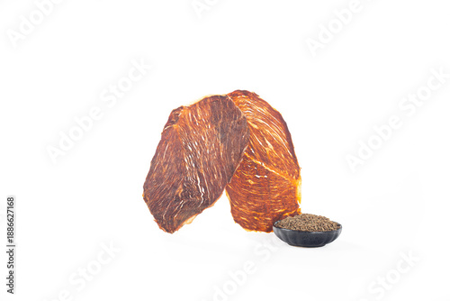 Dried beef crisps, beef crisps on a wooden background