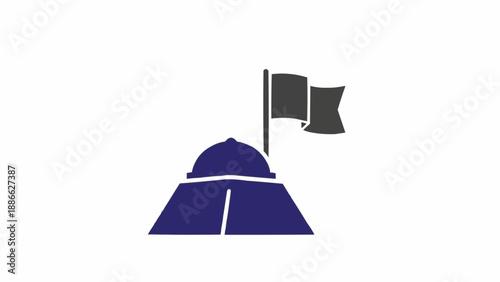 Dark blue tent with flag.