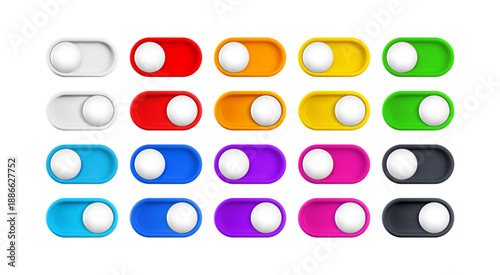 Vector cartoon 3d turn on and off switch button colorful set. Cute realistic 3d color toggle switch sliders with white button. Setting toggle design element for app interface, web, game, design.