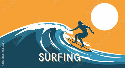 A graphic illustration of a surfer riding a large ocean wave under an orange sky with the sun, featuring the word "SURFING".
