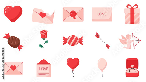 Valentine's Day Icons Set: Hearts, Envelopes, Gifts, Cupid, Rose, Candy