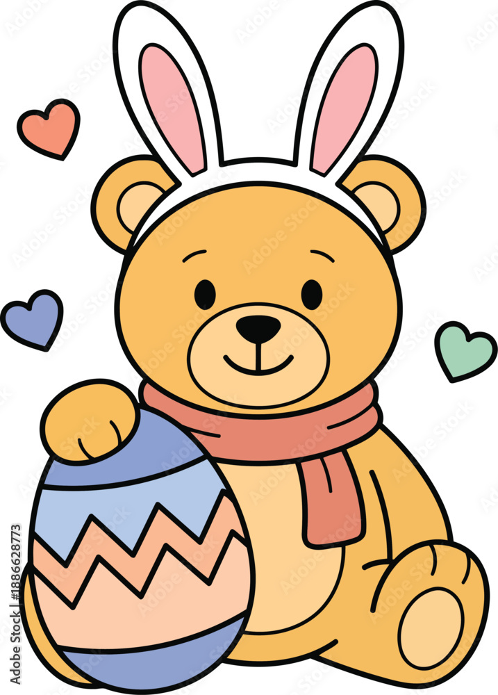 Fototapeta premium Cute Easter Teddy Bear Wearing Bunny Ears Holding Decorative Egg Pastel Vector Illustration