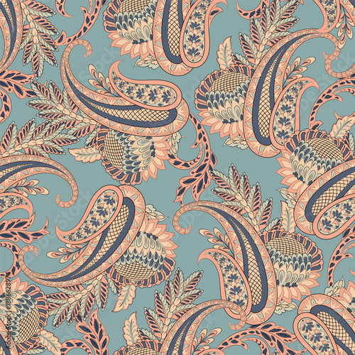 Paisley vector seamless design flowers and leaves in a batik-inspired style. Vintage fabric backdrop