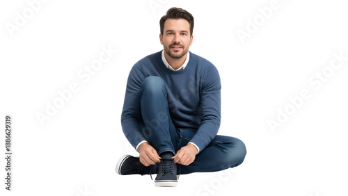 Handsome Man in Blue Sweater and Jeans Tying Shoelaces While Sitting on Floor