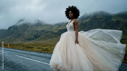 African american woman bride on mountain road walking in wedding dress, beautiful nature landscape footage