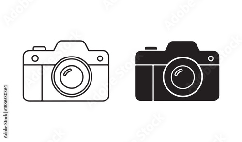 Pair of camera icons in black and white, one outlined and one solid, representing photography and videography