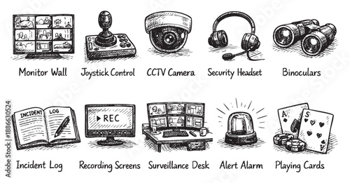 Hand-drawn style illustrations of security tools including cameras, monitors, and surveillance equipment on a white backdrop, ideal for visual storytelling.
