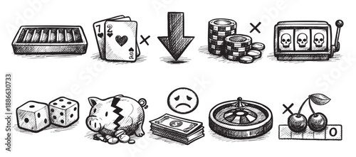 Sketch illustration of gambling icons including cards, slot machine and roulette, crossed out indicating losing or loss of funds, with a cracked piggy bank and money and a sad face.