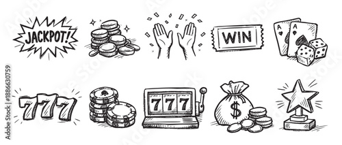 Hand-drawn gambling themed icons including jackpot explosion, chips, cards, dice, slot machine, and cash bag, perfect for illustrating winning or casino concepts.