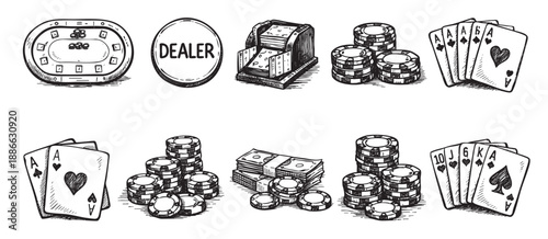 Hand-drawn black and white poker elements including cards, chips, dealer button, and table ideal for illustrating gambling concepts.