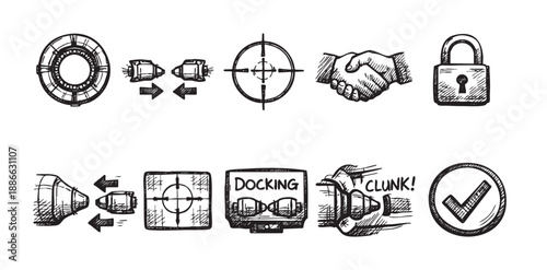 Doodle-style vector illustration depicting spacecraft docking with a target, handshake, lock, docking monitor screen, and a check mark in black and white.