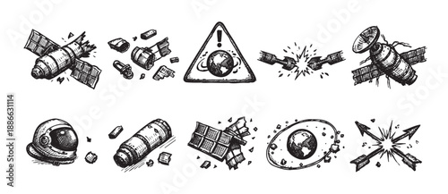 Black and white drawing illustrates dangers in space including debris, broken wires, warning sign, satellites, helmet, rocket, and arrows; use for education or awareness campaigns.