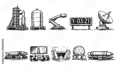 Hand-drawn icons depicting a space program, featuring rockets, launchpads, countdown timers, satellite dishes and control rooms in a retro, sketchy style.