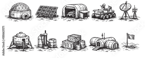 Hand-drawn sketches depict a potential Mars colony featuring habitats, rovers, solar panels, and communication technology, creating a concept for space exploration and future settlements.