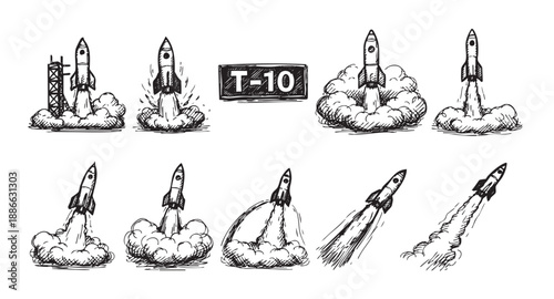 Black and white hand-drawn style sketches depicting the stages of a rocket launch, showing progression from countdown to complete take-off and trajectory flight.
