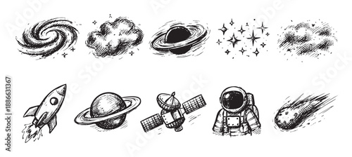 Black and white illustration featuring hand-drawn space elements including a galaxy, cloud, planet, stars, rocket, satellite, astronaut, and comet on a white background.