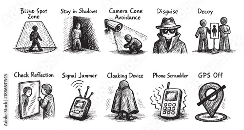 Hand-drawn sketches illustrate various techniques for evading surveillance, including blind spots, shadows, disguises, and technology countermeasures; perfect for conceptual designs about privacy and 