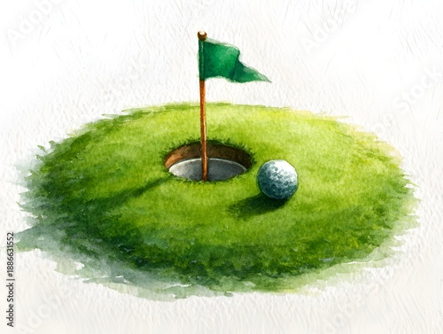 A serene watercolor painting depicts a golf ball resting near the hole on a manicured green with a flag marking the final spot.