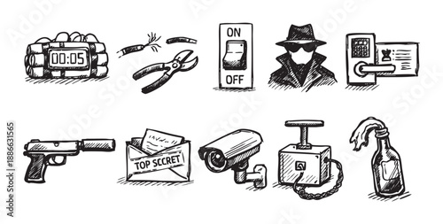 Hand-drawn illustration shows espionage-related objects, including a bomb, a gun, security camera, and a spy, on a white background in a sketchy style.