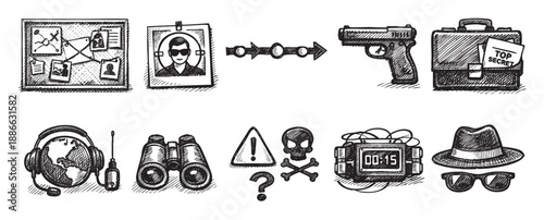Hand-drawn sketch depicts symbols of espionage: a detective board, a spy portrait, a briefcase with top-secret files, a bomb, a gun and surveillance tools on white.