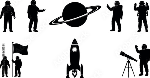 Astronaut silhouettes, space exploration icons, rocket launch, planet Saturn, telescope, astronomy science concept, black vector illustration set