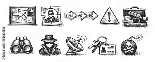 Set of hand-drawn sketch icons depicting espionage, secret agent activities including surveillance, targeting, and threats, rendered in black and white for various uses.