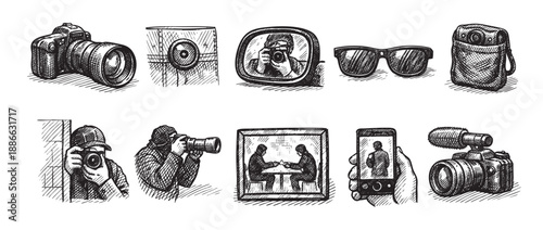 Hand-drawn sketch shows elements of photography, including cameras, people taking photos and depicted in photos, suggesting creativity and technical skill.