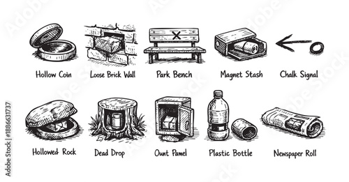 A collection of hand-drawn illustrations depicts secret hiding places and spy gear, conveying a sense of mystery, covert operations, and espionage themes.