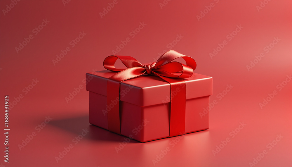 Obraz premium Red gift box with bow on red background. Represents concepts of celebration, holidays, and giving. Ideal for seasonal marketing and promotion materials.