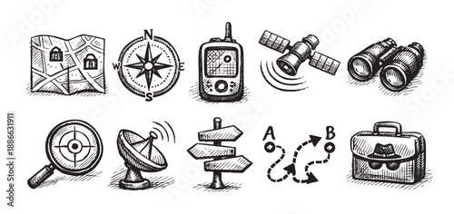 A set of black and white hand drawn icons illustrating themes of exploration, discovery, navigation, and surveillance tools, presented in a simple and clean style.