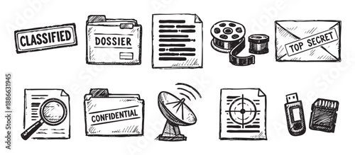 Hand-drawn, black and white icons depicting classified documents, confidential files, and data storage, illustrating concepts of secrecy and information security.