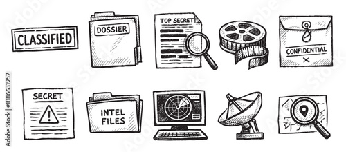 A collection of sketched icons depicts intelligence gathering, including classified documents, dossiers, radar, and film reels, rendered in a graphic, hand-drawn style.