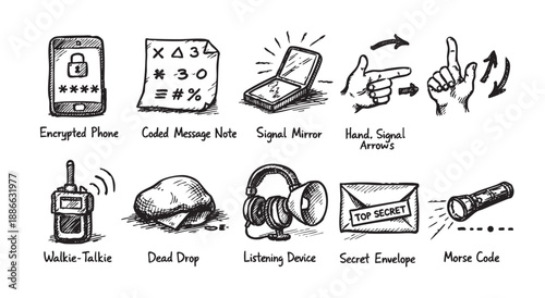 Hand-drawn illustrations depict various spy devices, like an encrypted phone, coded note, signal mirror and walkie talkie, useful for concepts related to espionage and security.