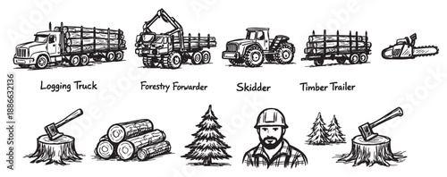 A detailed black and white line art drawing showcasing various forestry vehicles and equipment, including logging trucks, forwarders, skidders, and hand tools.