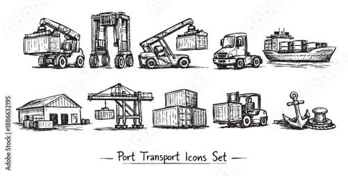 A collection of hand-drawn style icons depicting various aspects of port transport, including container handling, ships, and infrastructure in black and white.