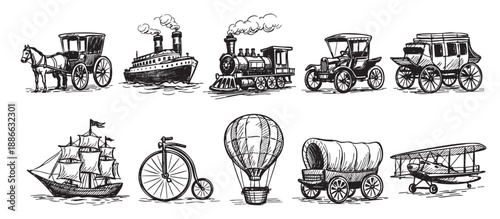 Hand drawn sketches of various antique vehicles, including a horse carriage, train, ship, and airplane, all in black and white.