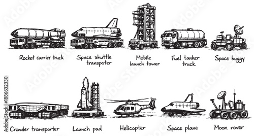 Black and white sketch depicts various space transportation vehicles including a rocket carrier, space shuttle, fuel truck, and moon rover. Use for educational material or illustrations.