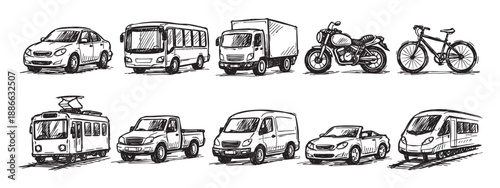 Hand-drawn sketch of various vehicles, including a car, bus, truck, van, motorcycle, bicycle, tram, pickup, and train isolated on white.
