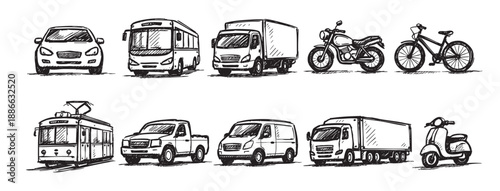 Illustration featuring car, bus, truck, motorcycle, bicycle, tram, pickup, van, lorry, and scooter in black and white sketch style, conveying transportation theme.
