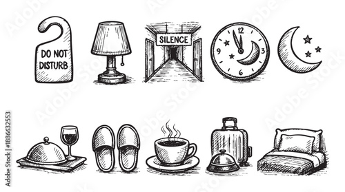 This graphic illustration depicts hotel related items, including room service, bed, and do not disturb sign, sketched in a rough, artistic style perfect for travel concepts.